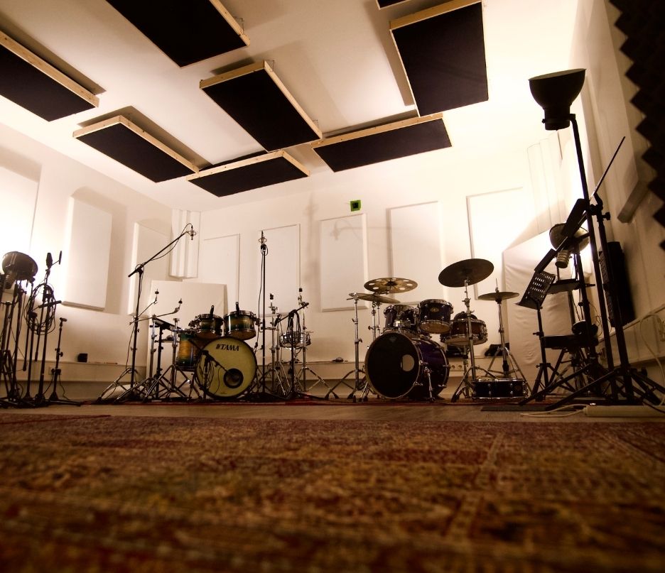 Drum room with two kits and acoustic panels at Silver Note Studios